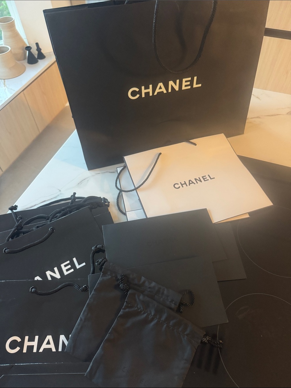 CHANEL Black and White Branded Bags & Drawstring Pouches Set